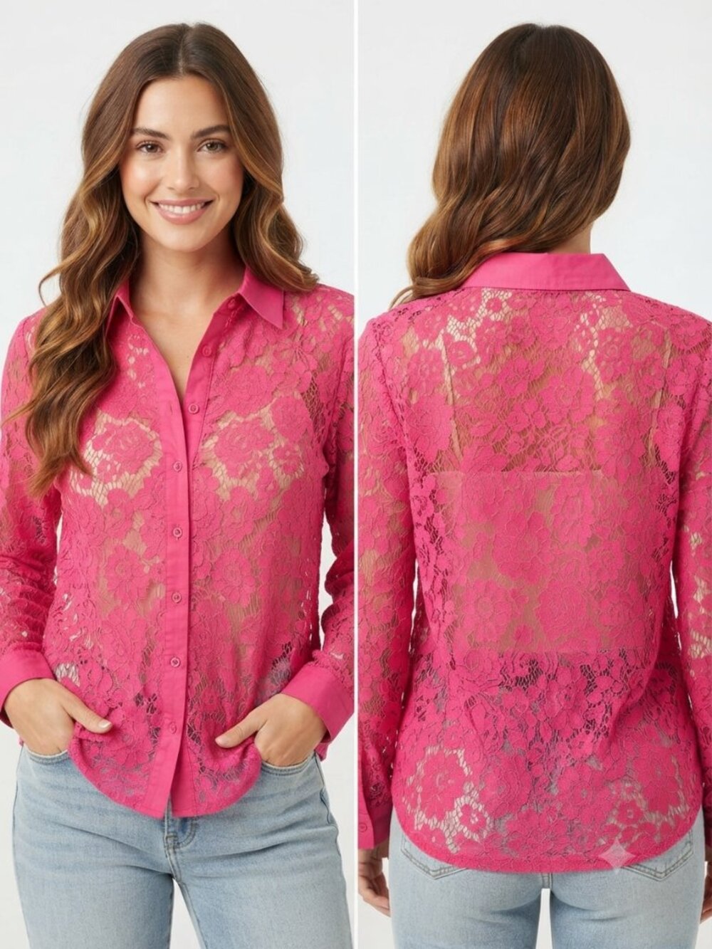 Saks Fifth Avenue Women’s Floral Lace Button-Down Shirt - Hot Pink - Size Large